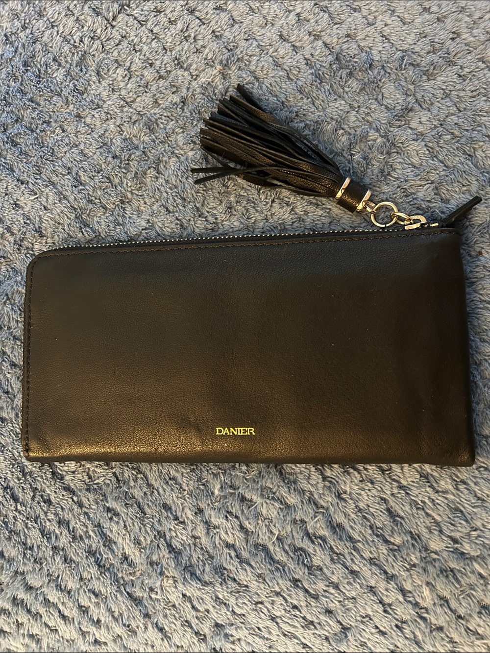Danier Black Leather Zip Wallet with Tassel Accent